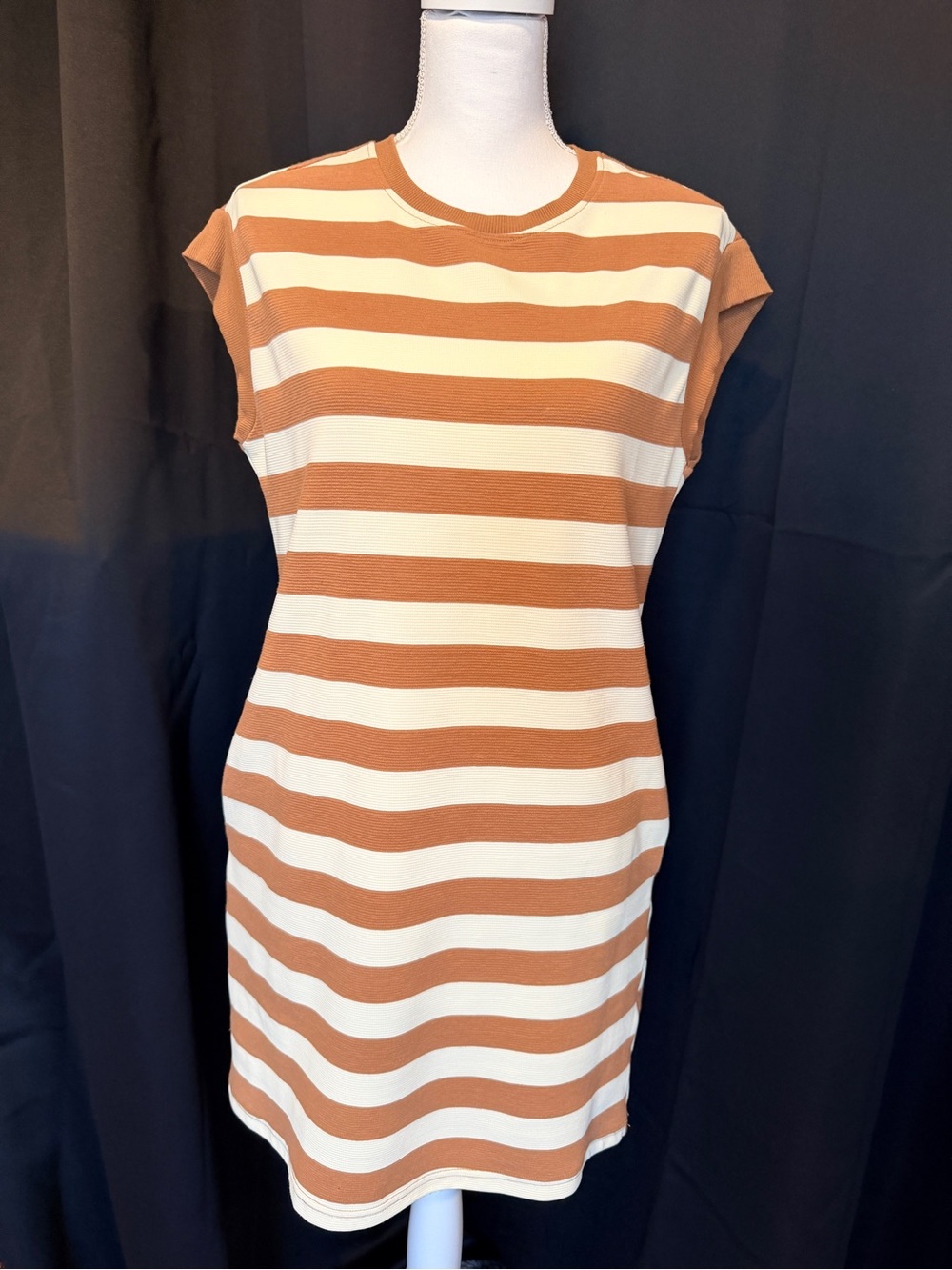 Striped Crewneck Mini Dress in Cream and Brown